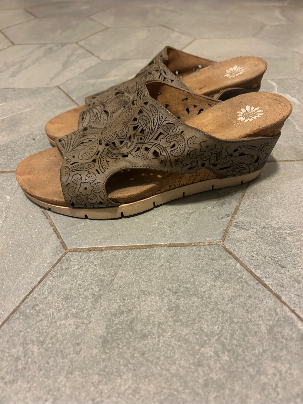 Yellow Box Taupe Floral Cutout Wedge Slides